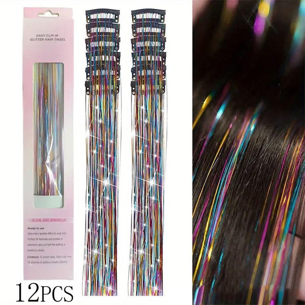 Heat Resistant Glitter Tinsel Hair Extensions Silk Hair String Extensions  For Kids Girls Women