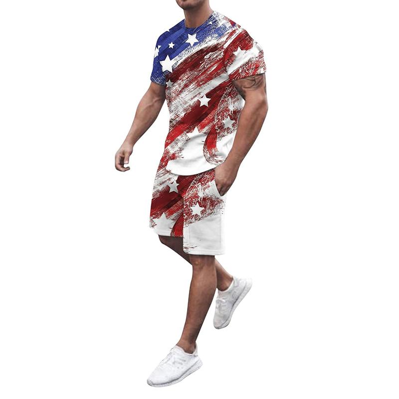 Pánské sady triček USA Americká vlajka 3D tisk Teplákové soupravy Trička Šortky 2 kusy Streetwear Pánské oversized obleky Sportovní oblečení
