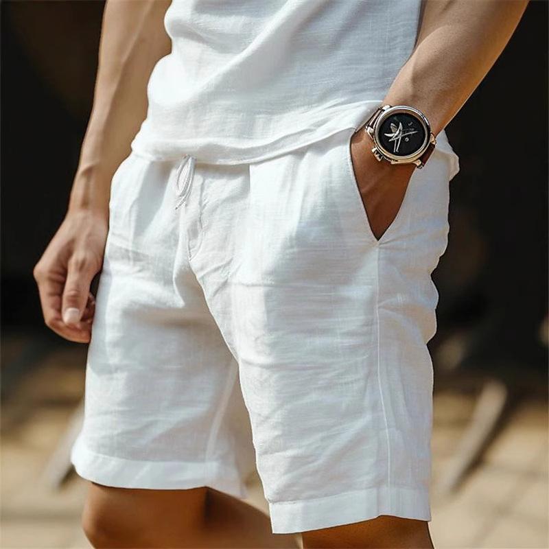 Cotton and Linen Shorts with Drawstring Elastic Waistband Straight Legs Solid Color Breathable Daily Beach Five Point Casual Men’s Shorts