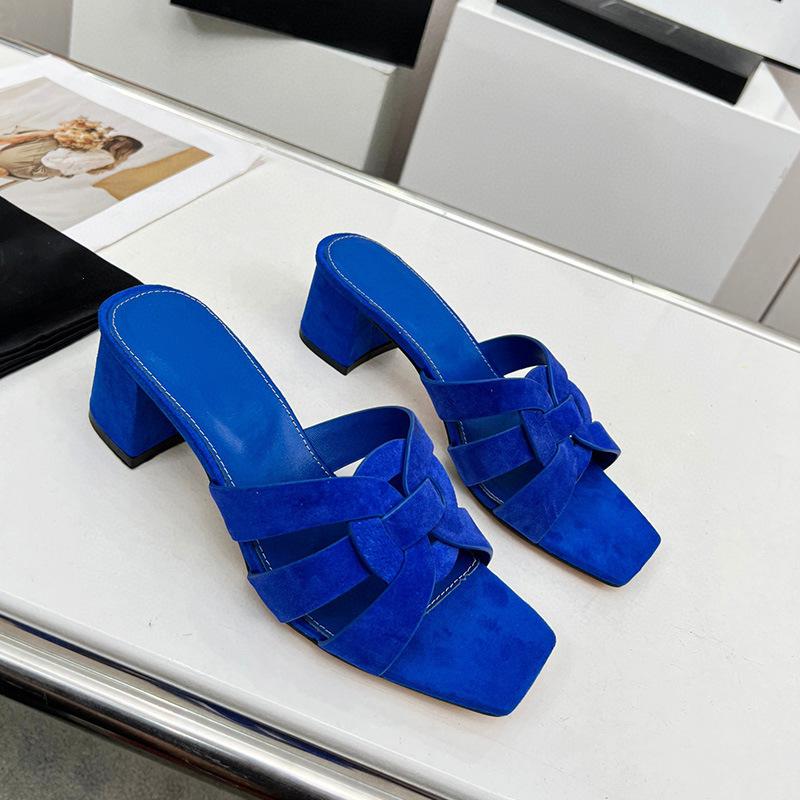 Fashion Summer Sandals, Women's Large-sized Flat One-line Square Toe Casual Hollow Beach Shoes, High-end Velvet Slippers T50