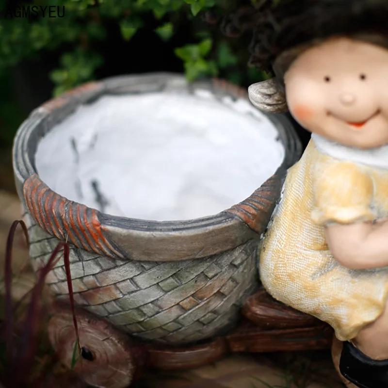 Creative Resin Cartoon Characters Boys and Girls Sculptures with Flower Pots Villa Garden Decor Landscape Home Decor Accessories