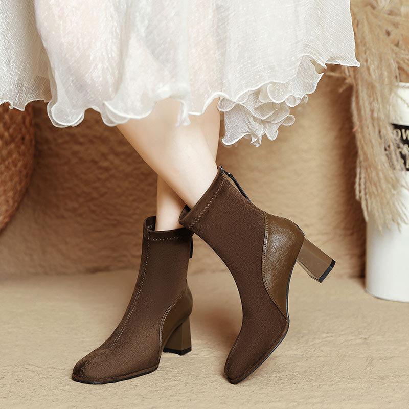High-heeled Short Boots Women's 2025 New Autumn and Winter Medium Tube Women's Boots Splicing Square Head Thick Heel Thin Boots French Small Short Boo