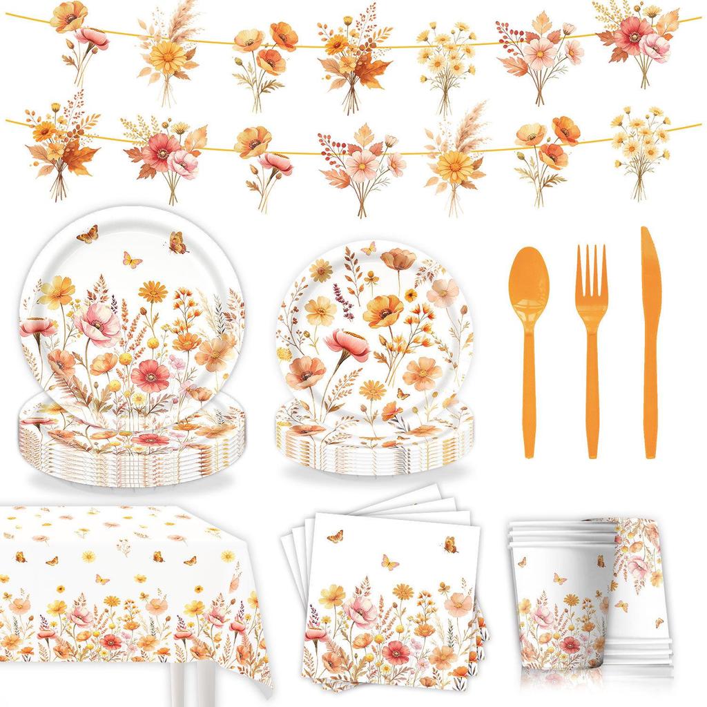 Autumn Floral Party Tableware Set: Plates, Cups, Napkins, Tablecloth, Banner, Decorations