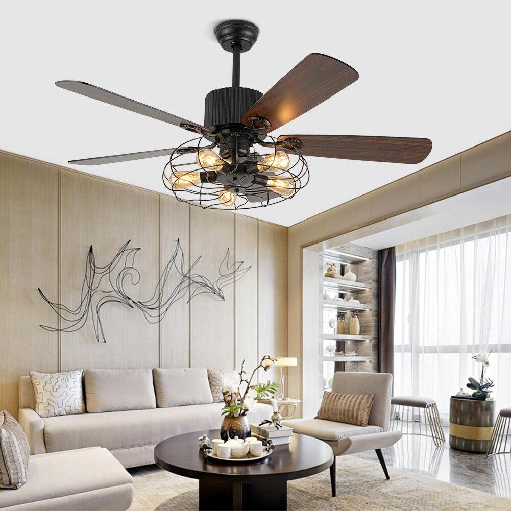 52'' Industrial Ceiling Fan with Light and Remote Control Metal Cage Chandelier Electric Fan Retractable Blades Bathroom Decor