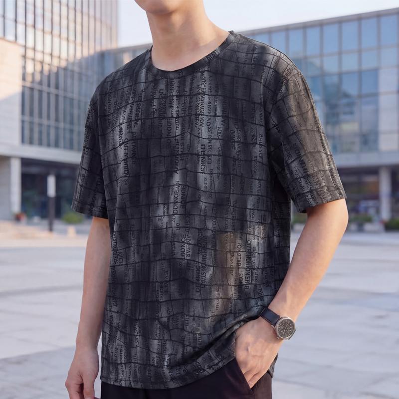 Men's Plus Size Grid Text Print T-Shirt – Textured Short Sleeve Casual Tee (Sizes 5XL-11XL) for Summer Streetwear