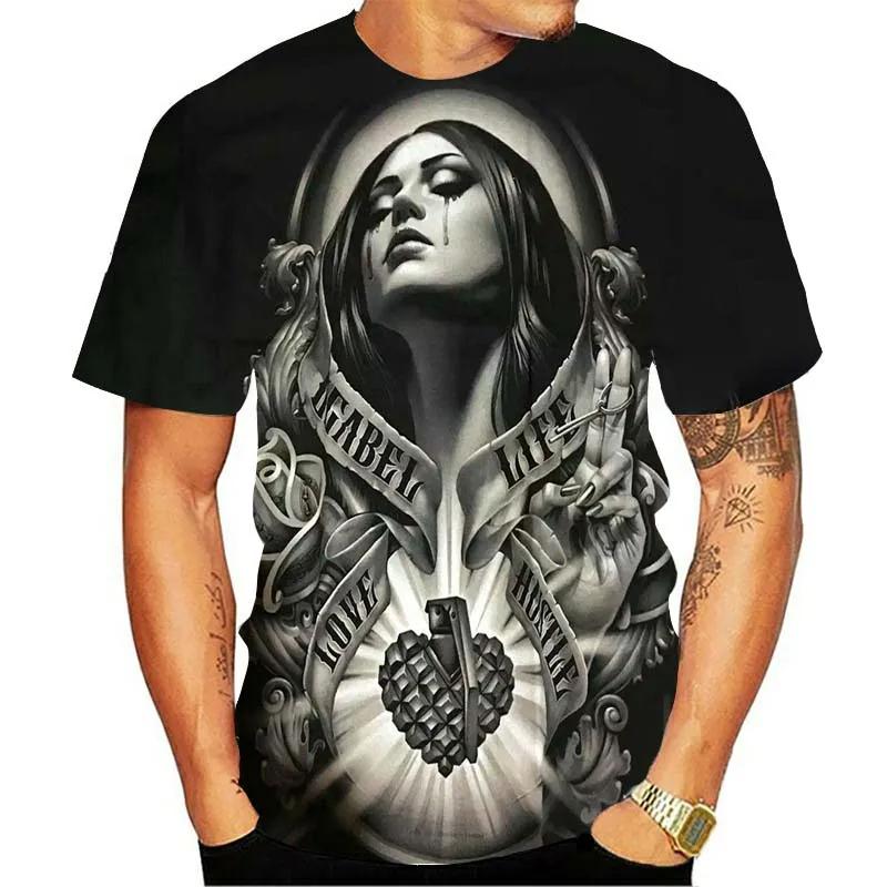 Summer Round Neck 3D Skull Beauty Pattern Print Top Fashionable Casual Short Sleeved Men's T-shirts