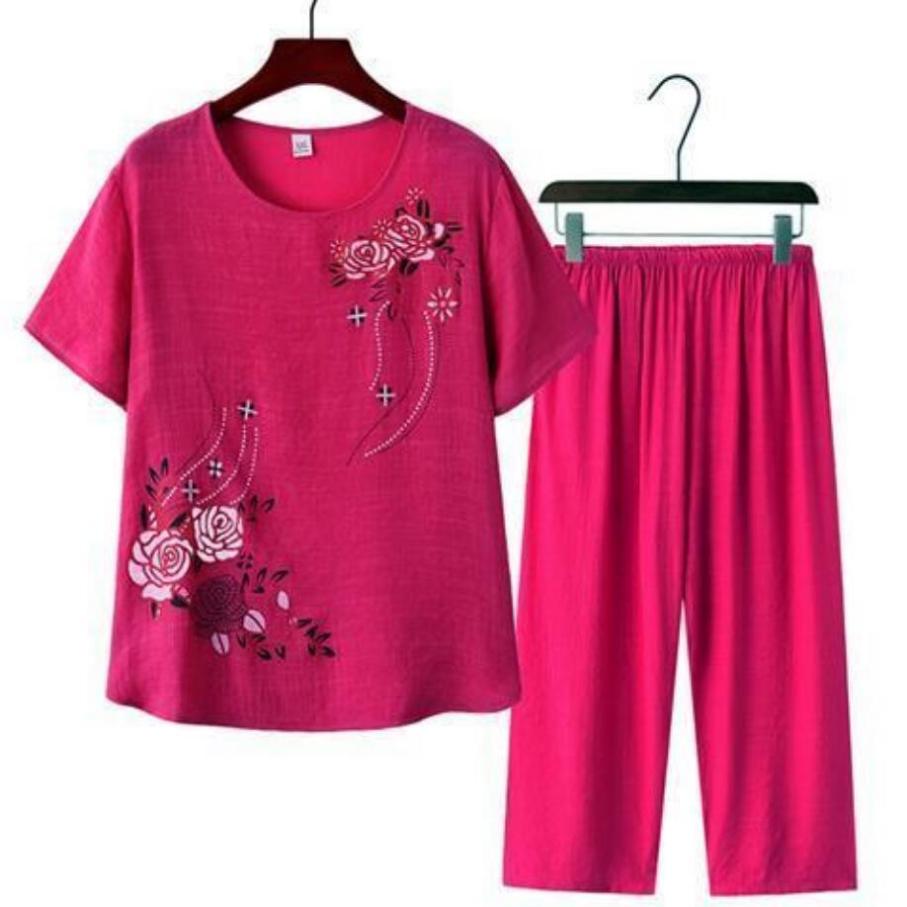 Dámské oblečení Květinový potisk Tričko Kalhoty Volný Dvoudílný Set Letní Domácí Set Outfit s krátkým rukávem pro střední věk