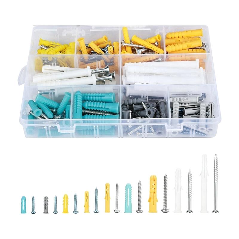 Expansion Sleeve and Screw Set 200 Count Assorted Wall Fasteners in Compartment Case for Hanging Fixtures Indoor Mounting and Household Repair Work