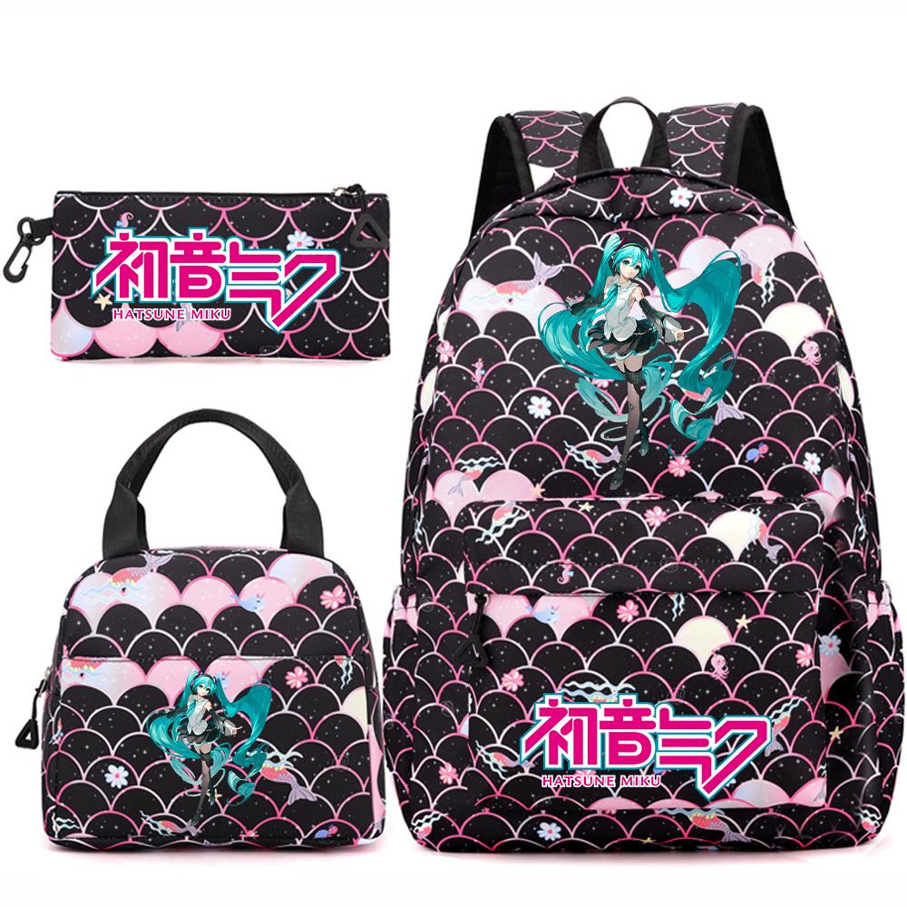 3 Stück/Set Anime Cartoon Hatsune Miku Bedruckter Rucksack Handtasche Federmäppchen für Teenager Schüler Mädchen Jungen Große Kapazität Wasserdicht Schultasche Reisetasche