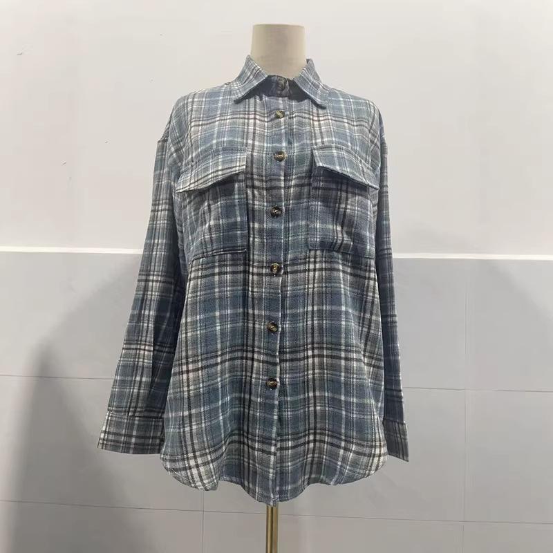 2025 Women's Cross-Border European and American Loose Plaid Pocket Shirt - Autumn/Winter Casual Fashion.