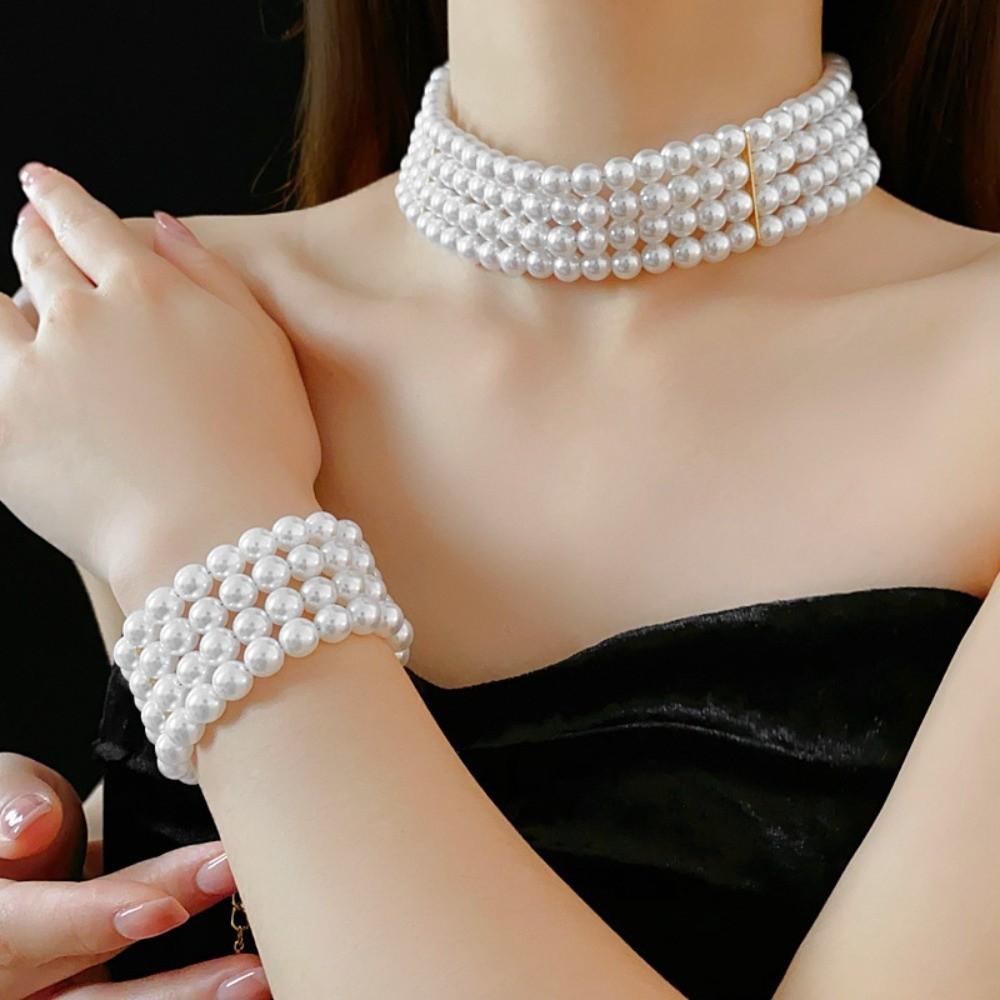 Ornaments Pearl Four Layer Necklace Fashion Jewelry Wide Cuff Bangles Versatile Bracelets Set Gift