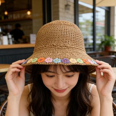 Bohemian Floral Straw Sun Hat for Women Summer UV Protection Foldable Beach Sun Hat