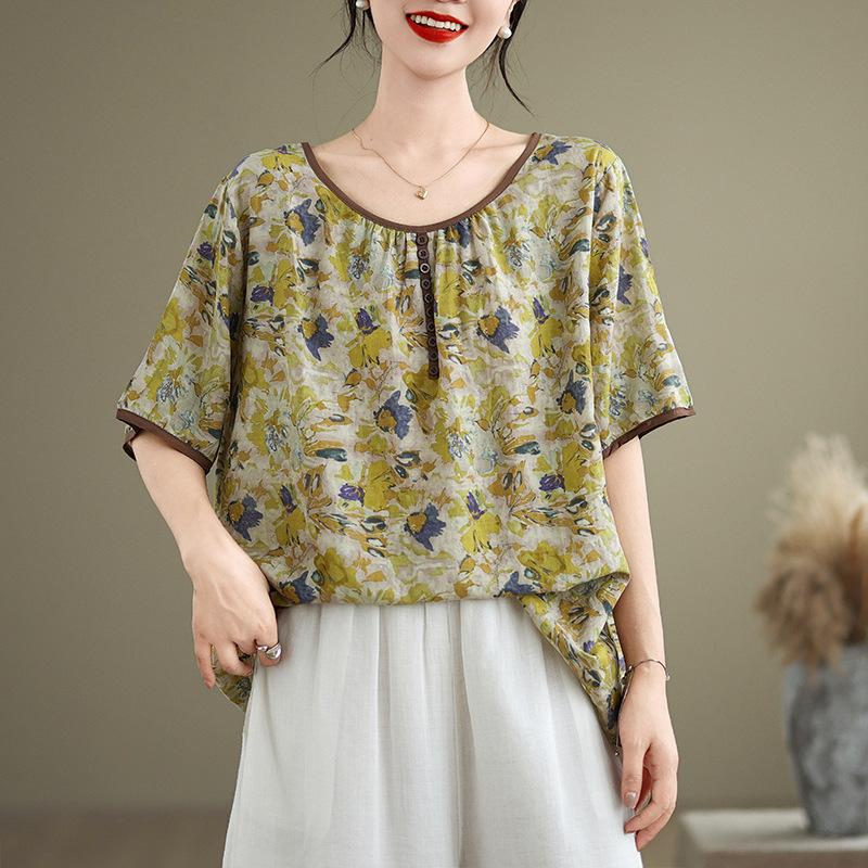 

Пуловеры Johnature Повседневные рубашки с принтом Летние свободные женские блузки с круглым вырезом и коротким рукавом One Size жёлтый