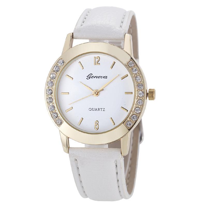 Women Fashion Double Side Diamond Watch Round Dial Quartz Clock Wristwatch with Leather Strap