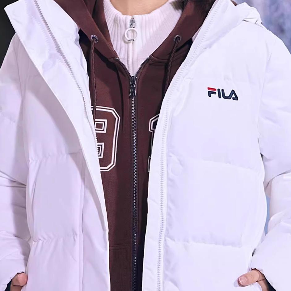 Fila Logo Printed Warm Mid-Length Sports Hooded Down Jacket Women Outerwear White F61W148956FWT