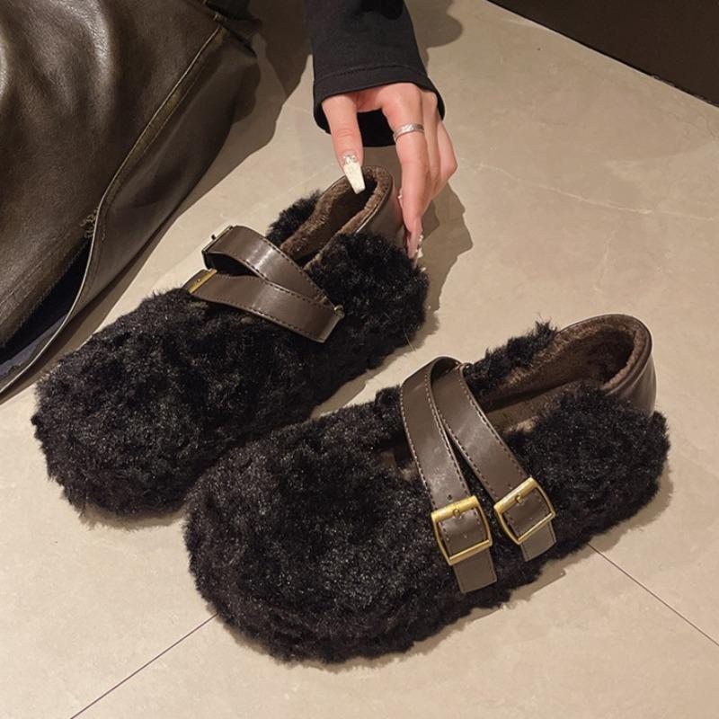 

Fashion 2025 Winter Flats Fluffy Shoes for Women Designer Elegant Buckle Shallow Shoes Casual Sport Sneakers New Cozy Zapatillas Mujer 40 чёрный
