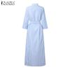 ZANZEA Women Turn Down Collar Casual 3/4 Sleeve Loose Stripe Dress