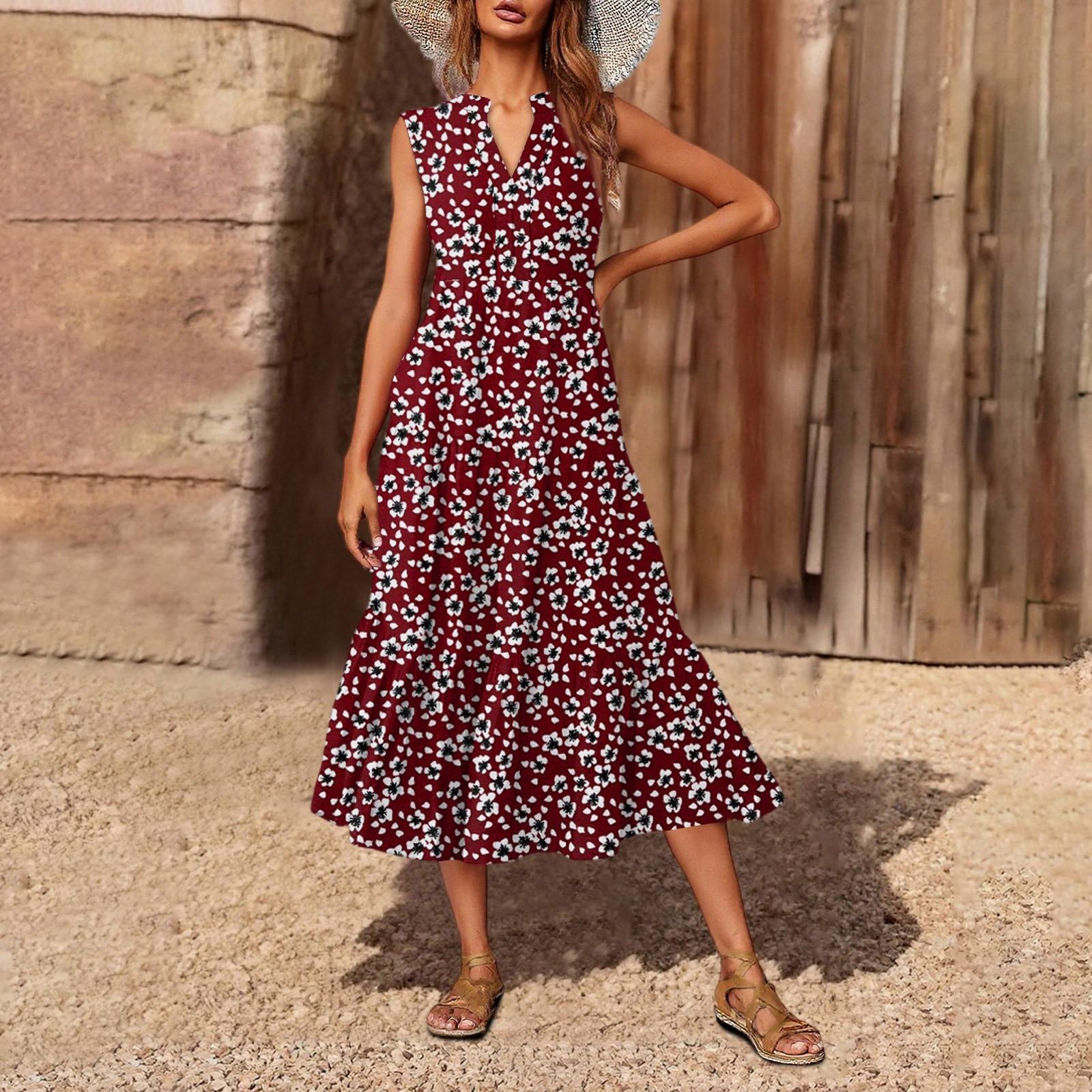 

Женское повседневное и модное платье средней длины с V-образным вырезом без рукавов и принтом XL винный