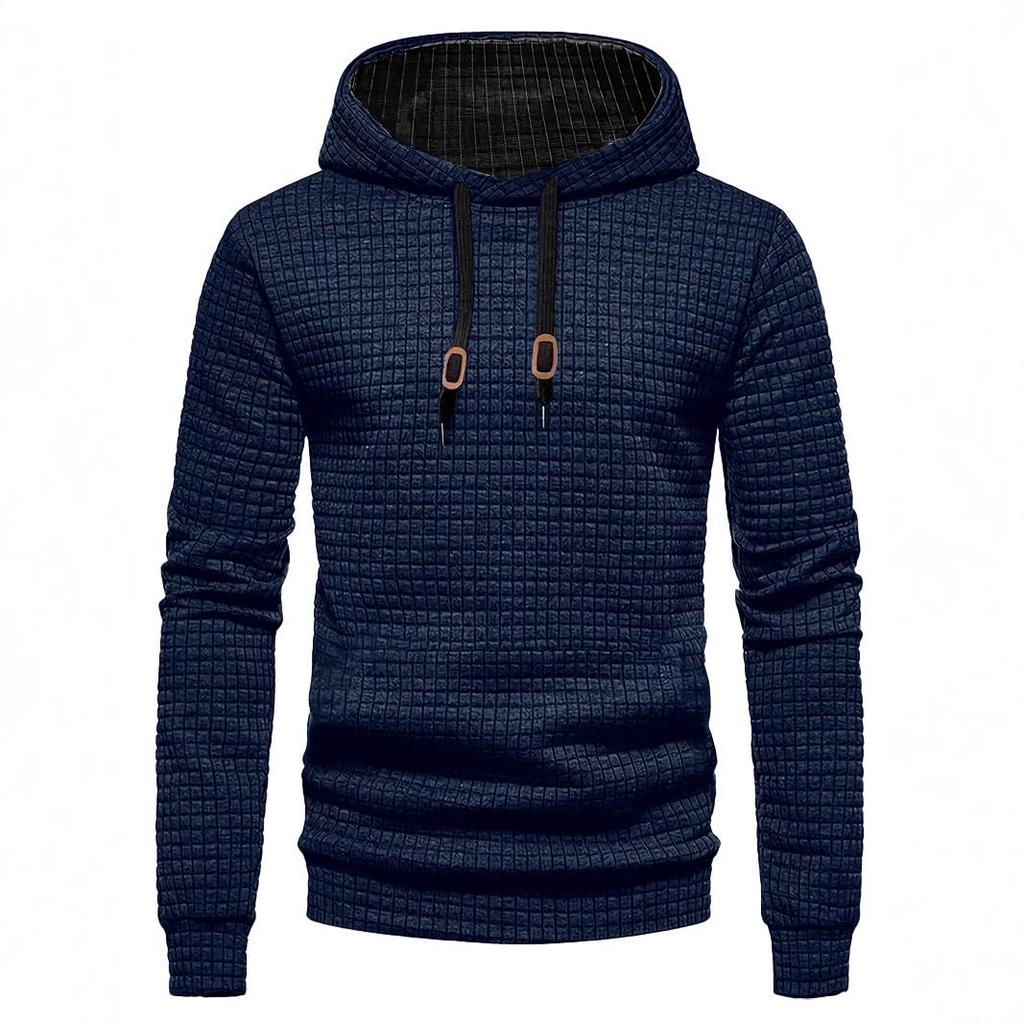 European Long Sleeve Hooded Men's Hoodie with Drawstring Jacquard Checkered Patchwork.