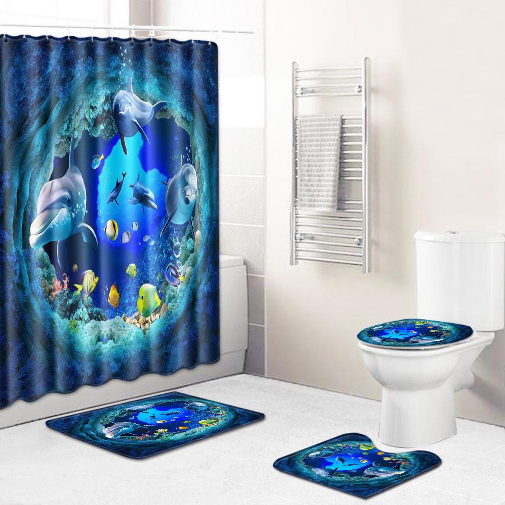 Fashion Sea World Dolphin Shower Curtain Set Bathroom Non-Slip Bath Mat Toilet Lid Cover Polyester Waterproof