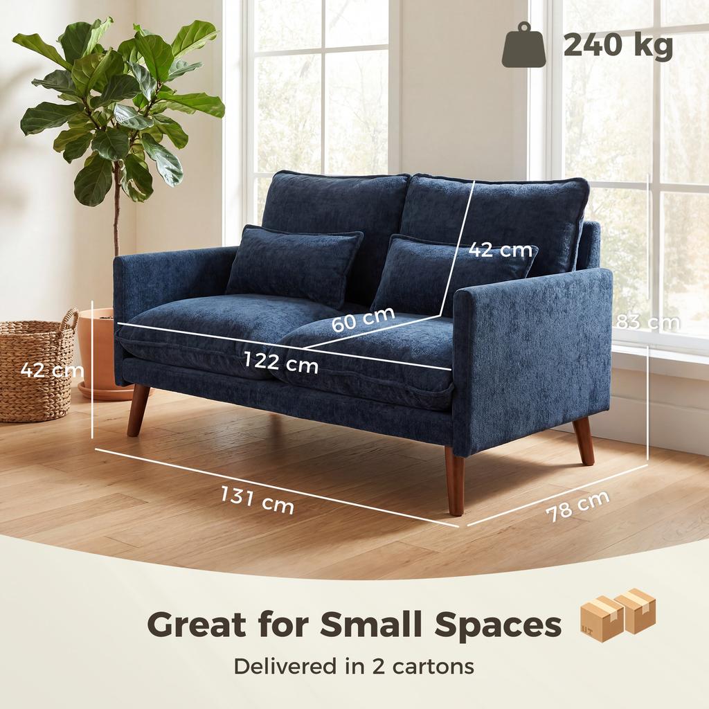 2 Seater Sofa, Loveseat Sofa with Spring Cushions, Wide and Deep Seat, Wood Legs, Blue