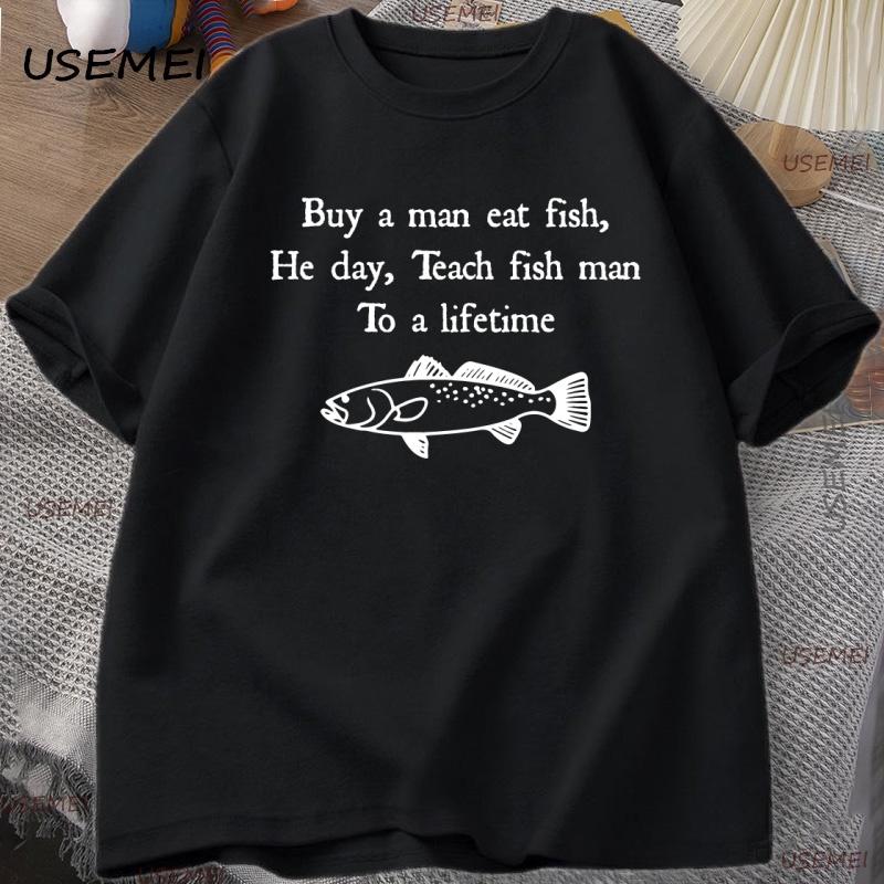 

Funny Fish T-Shirt Buy A Man Eat Fish Meme Tee Fisherman Weird T Shirt Male Short-sleeve Tops Cotton Man Clothing Y2k Clothes XXXL чёрный