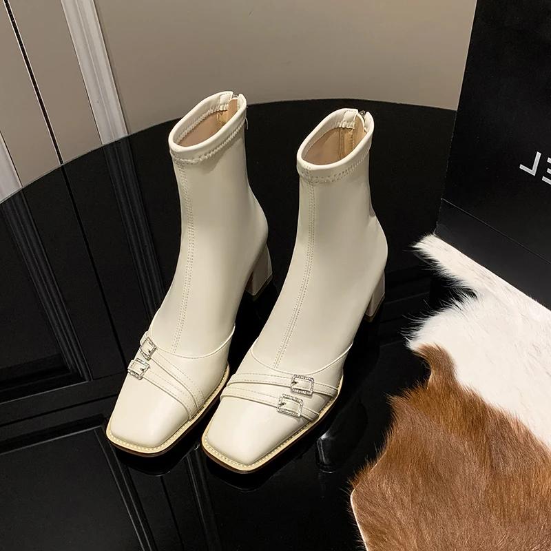 

Ботильоны на толстом каблуке женские уличные узкие квадратные носки молния осень зима стразы женская обувь 35 бежевый