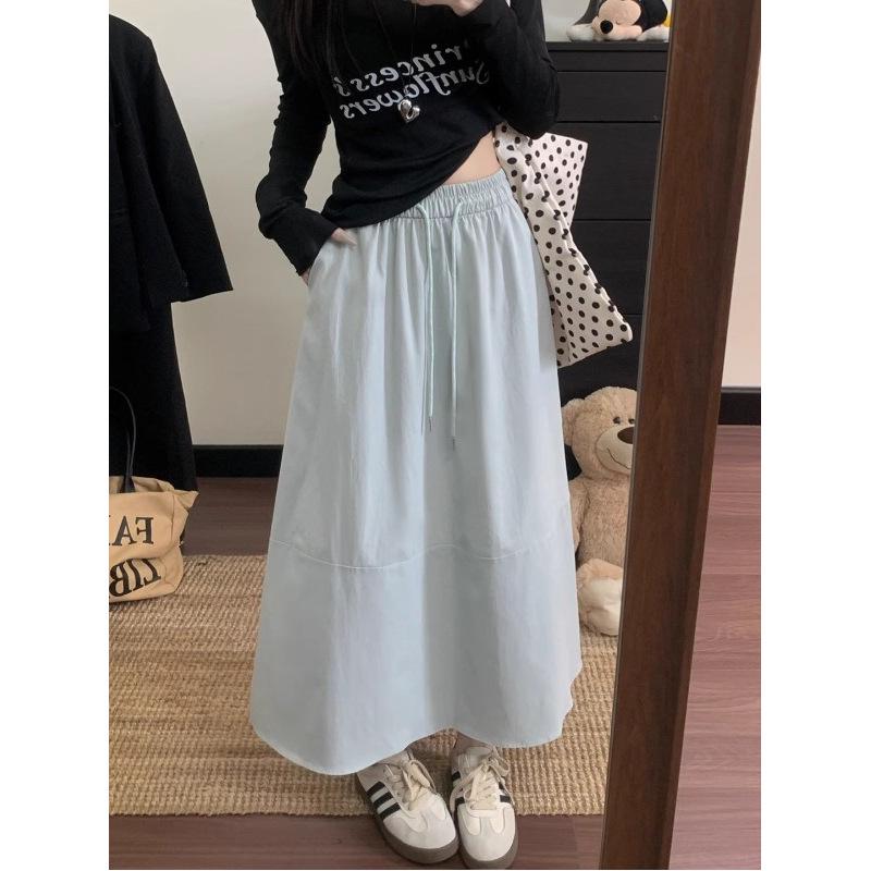 Plus Size Korean A-line Solid Color Mid-length Skirt - Spring/Summer Casual Style with Drawstring and Spliced Design