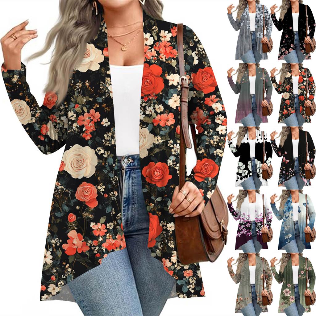 Damen Herbst- und Wintermode Lässiger Print Langarm Mittellange Strickjacke Jacke