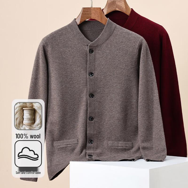 Hengyuanxiang Men's Thickened 100% Wool Cardigan Sweater