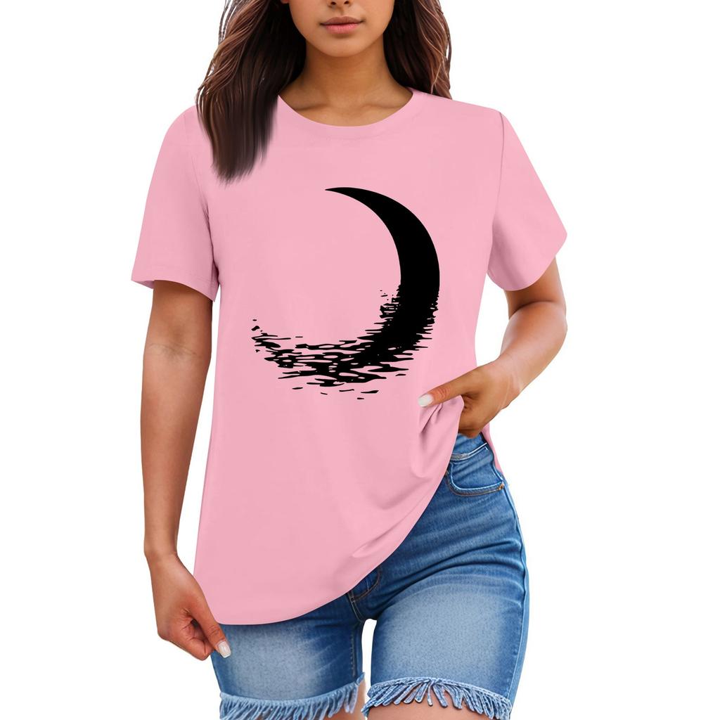 Ladies' Loose Comfortable Casual Fashionable  Moon Pattern Printed Round Neck Short Sleeved Shirt