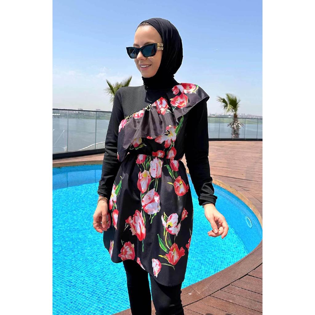Ruffle Detail Fully Covered 2-piece Hijab Swimsuit - Black