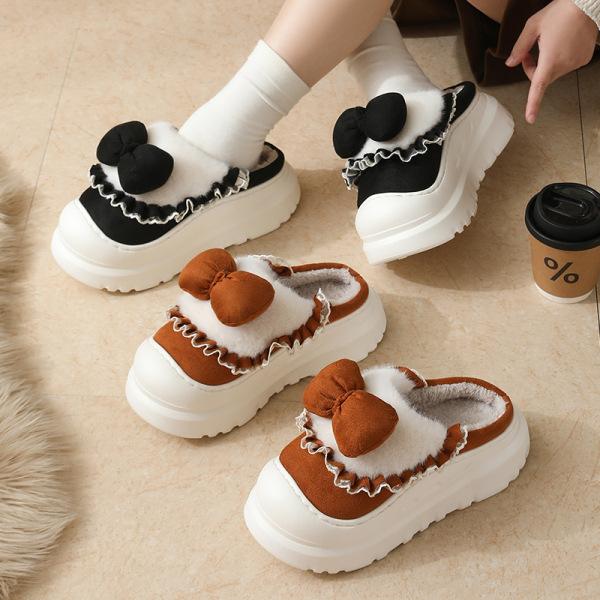 Cotton Slippers Home Autumn and Winter Bow Cotton Shoes Cute Warm Wool Slippers Non-slip Shoes Plush Cotton Mop