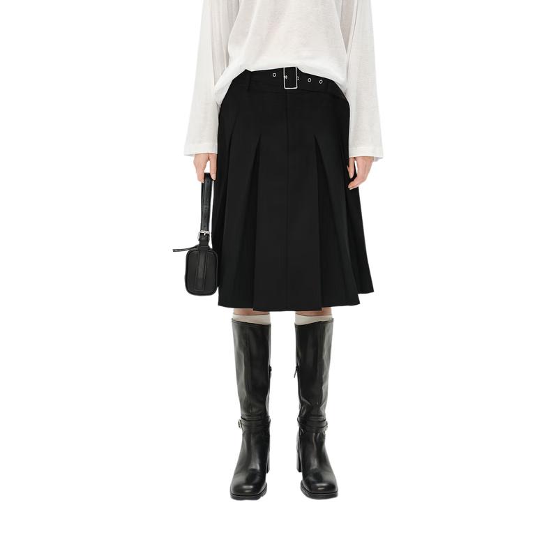 MO&Co. 2025 Spring High-Waist Pleated A-Line Skirt with Belt S
