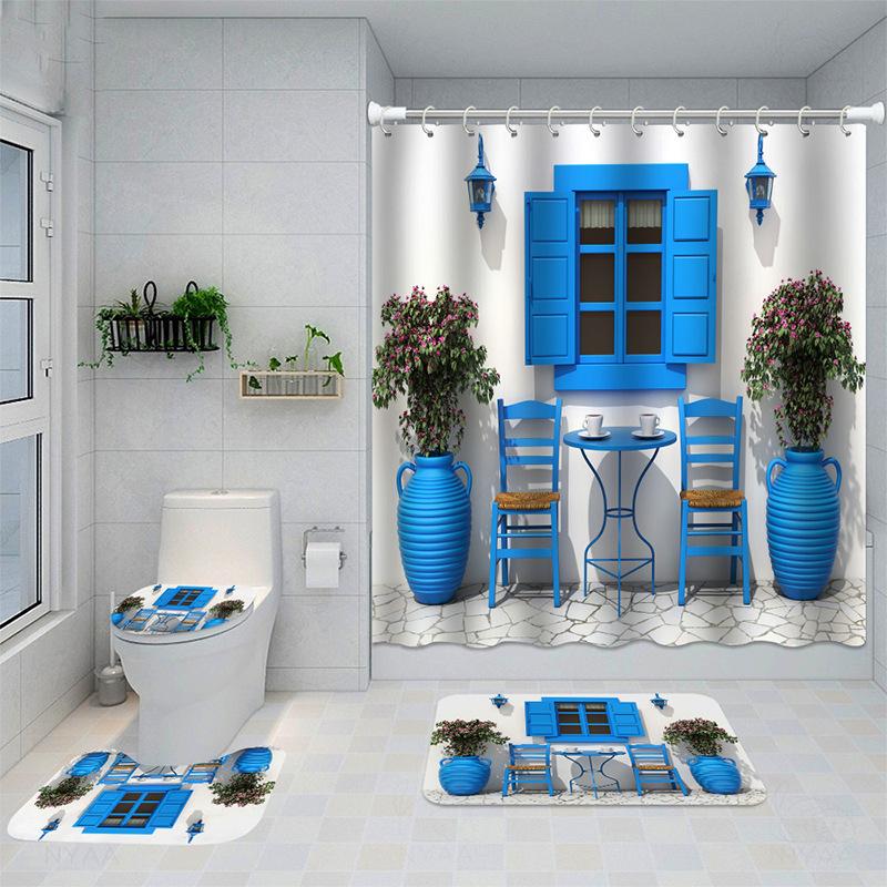 Цифровая печать Шторка для душа Пейзаж города Шторка для душа Полиэстер Шторка для душа Напольный коврик Туалет Комплект из четырех предметов Floormat40x60cm