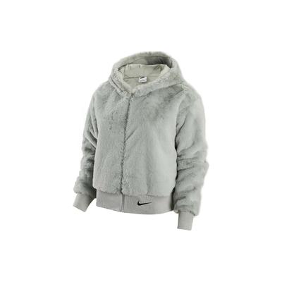 Série Essenciais de Roupa Desportiva Jaqueta Feminina Solta com Capuz e Estampa de Logótipo em Pele Sintética Cinza-Névoa Preto DV7064-014