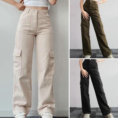 Women Cargo Pants High Waist Button Zipper Fly Multi Pockets Straight Leg Long Trousers Solid