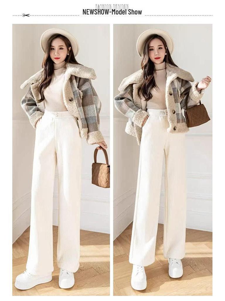 Petite Beige Fleece Chenille Wide-Leg Pants - Women’s High-Waisted Slim-Fit, Autumn/Winter Casual Straight-Leg XS-150