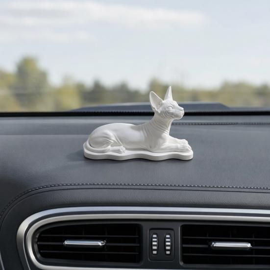 3D-gedruckte Sphinx-Katzenfigur, Realistische haarlos-Katzenstatue, Liegende Skulptur mit geschwungener stabiler Basis, Mattweißes Ornament für Schreibtischregal