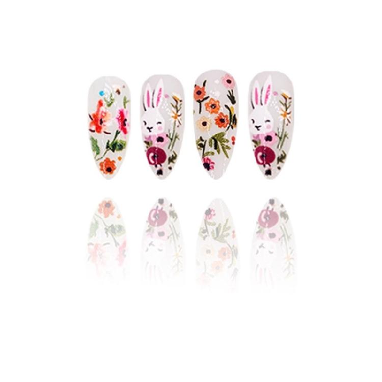 24 Pieces Almond Artificial Nail With Flower and Rabbit Glossy Press On Nail Full Cover Stick On Nail for Women Girls