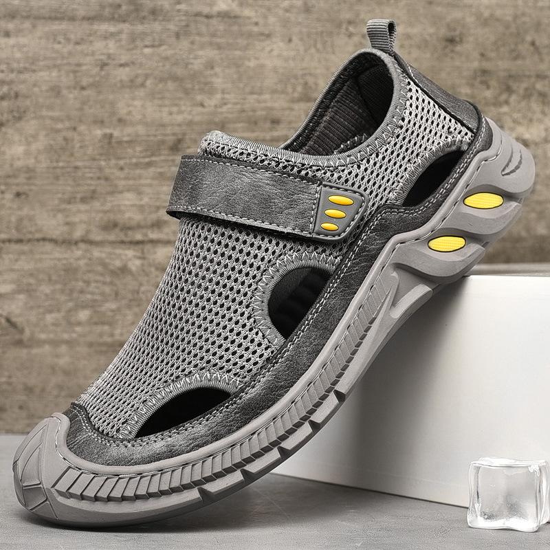 

Летние мужские пляжные сандалии, нескользящие, дышащие, повседневные туфли, модные, универсальные, на липучках, для ходьбы, кроссовки в римском стиле, Hombre 44 серый