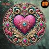 2D Flat Metal Tin Sign Valentine's Day Decor Happy Valentine's Day with Floral Wreath Pink Hearts Golden Swirls Durable Iron Wall Art Home Living Room