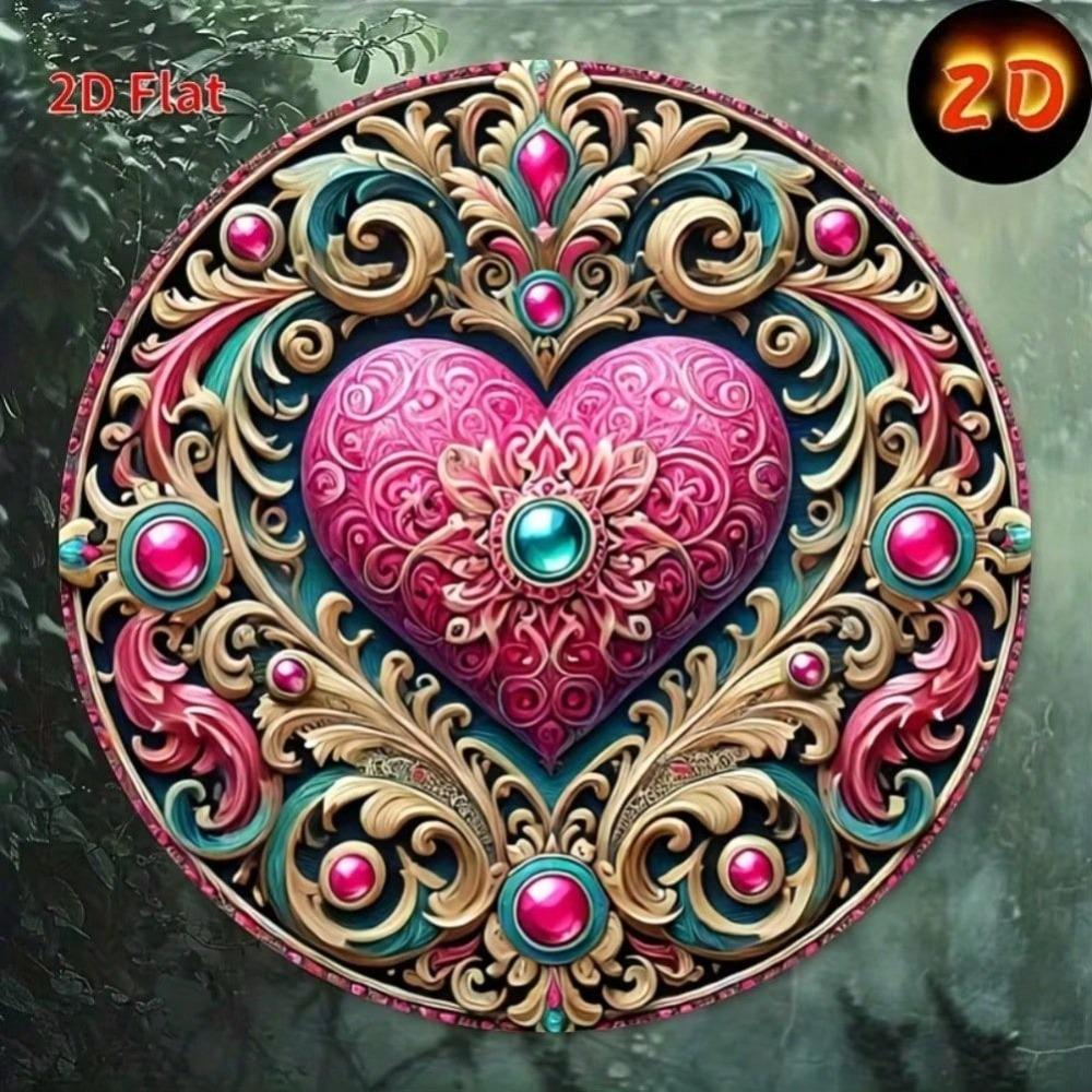 2D Flat Metal Tin Sign Valentine's Day Decor Happy Valentine's Day with Floral Wreath Pink Hearts Golden Swirls Durable Iron Wall Art Home Living Room