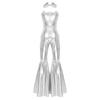 Women Tin Costume Halloween Jumpsuit Sequin Front Zipper Lapel V Neck Sleeveless Bell-bottom with Hat Axe Gloves Heart Clock Brooch for Themed Party
