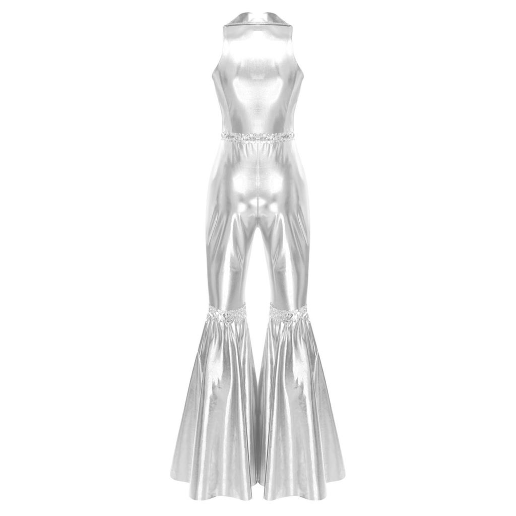 Women Tin Costume Halloween Jumpsuit Sequin Front Zipper Lapel V Neck Sleeveless Bell-bottom with Hat Axe Gloves Heart Clock Brooch for Themed Party