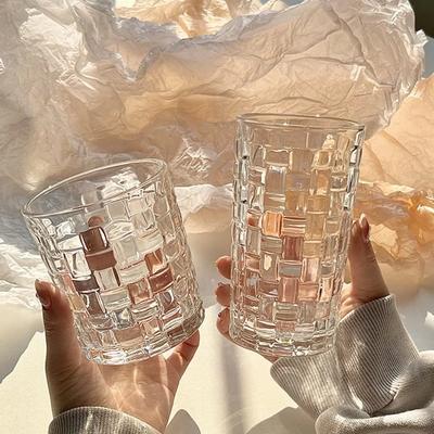 290/320ml Rattan Woven Net Red Glass Cup Household Embossed Transparent Water Cup Juice Coffee Cold Drinking Cup Iced Coffee Mug