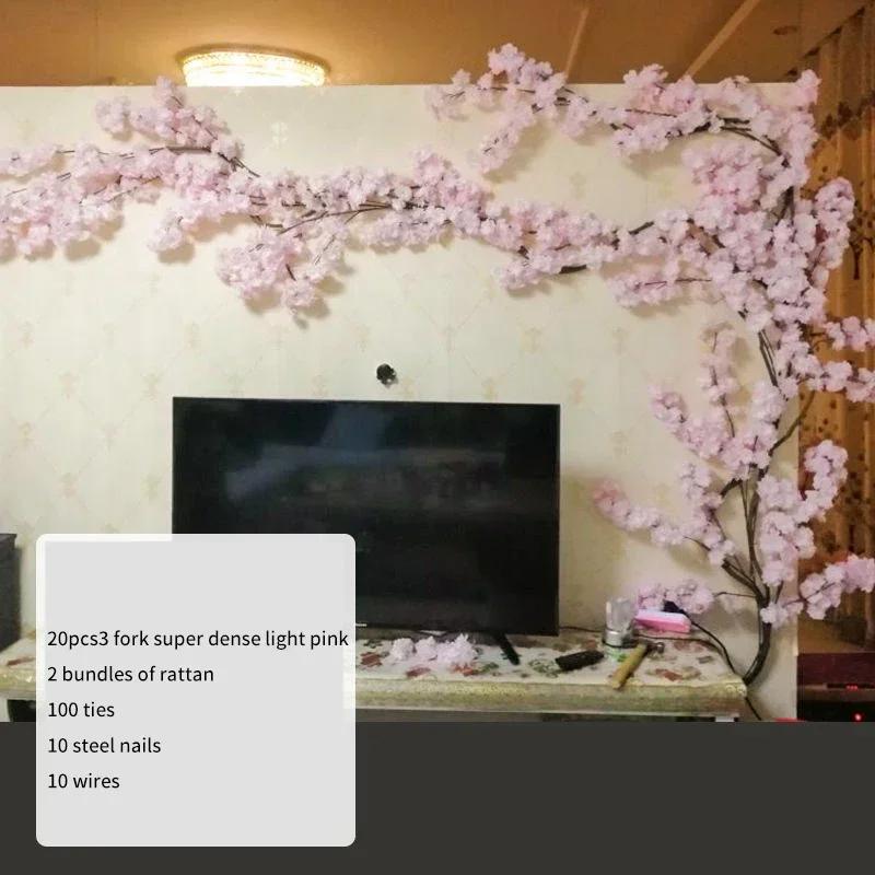 Artificial Cherry Tree Rattan Flower, Silk Wedding Background, Wall Decoration Flower, Home Decoration