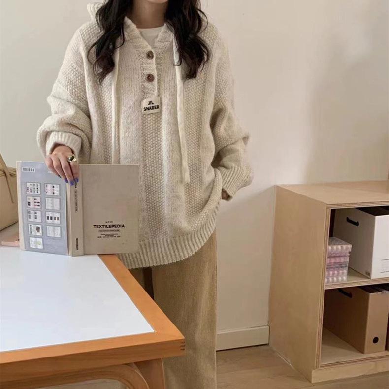 2026 Autumn/Winter Korean Loose Fit Hooded Sweater for Women - Soft, Thickened Knit with Drawstring.