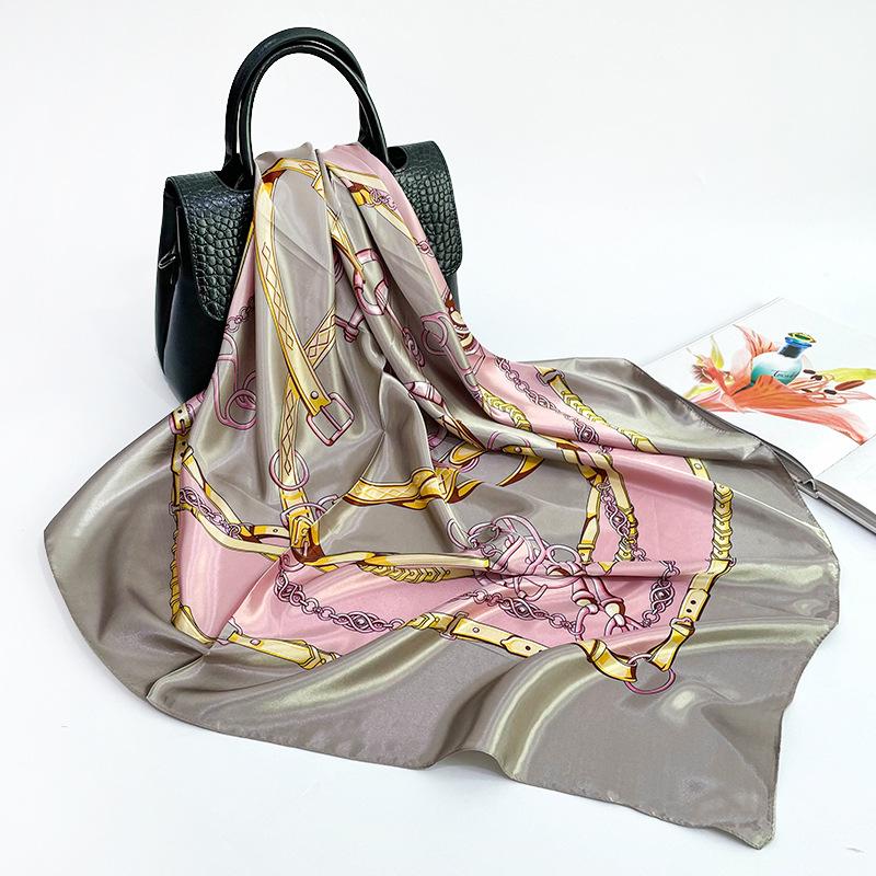 90cm Silk Satin Square Scarf - European & American Chain Print Headscarf Shawl