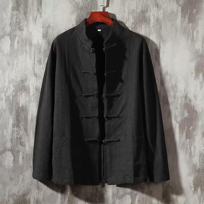 Men's Spring and Autumn Plus Size Solid Colour Chinese Linen Long Sleeved Plate Buckle Cotton Shirt Stand Up Collar Retro Shirt